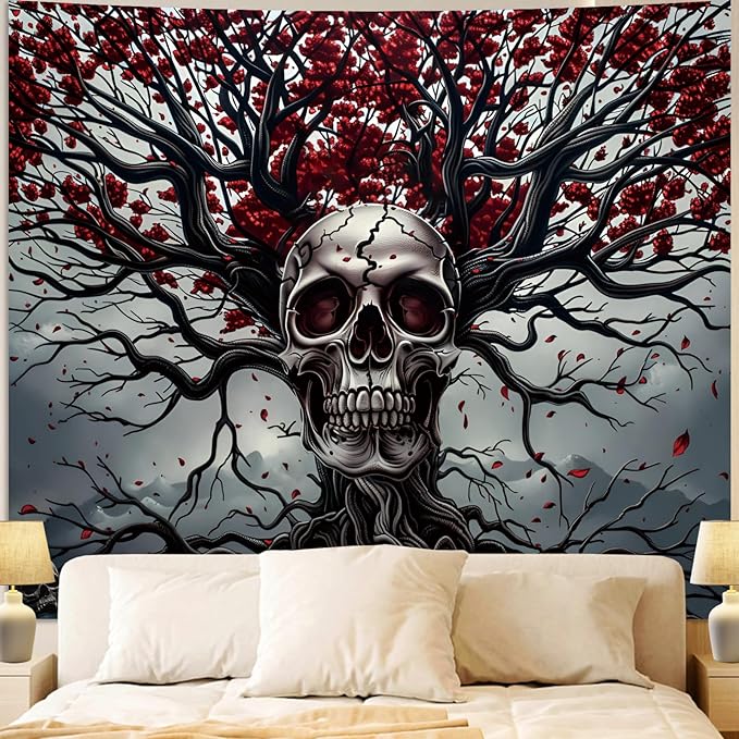 Apdidl Halloween Tree of Life Gothic Skull Tapestry for Bedroom Aesthetic, Black and White Goth Skeleton Tapestries, Dark Horror Ghost Rider Wall Decor Poster for Men Living Room Dorm (51"X60") - sugar skull poster print