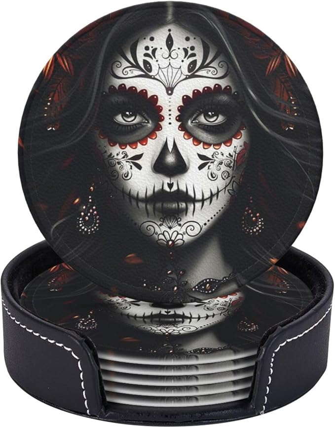 Sugar Skull Coasters with Holder Leather Coasters for Drinks Set of 6 Funny Halloween Drink Coasters Sets for Living Room Kitchen Coffee Bar Holiday Decor - sugar skull coasters set