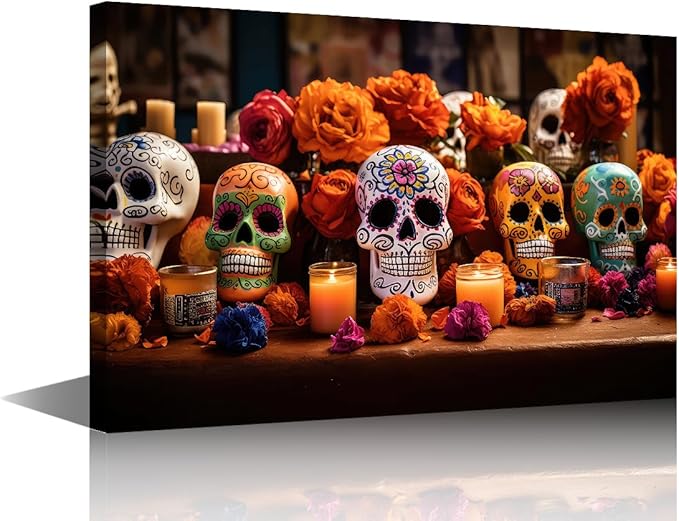TUMOVO 1 Panel Wall Art Sugar Skull with Colorful Flowers Posters Wall Painting Modern Canvas Print for Living Room Bedroom Wall Decoration, Wooden Framed Ready to Hang, 36" Wx24 H - sugar skull poster print