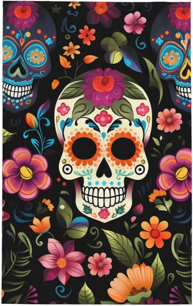 Day of The Dead Kitchen Towels, Sugar Skull Flower Waffle Weave Dishcloths Large Kitchen Hand Towels Absorbent Quick Drying Dish Towels with Hanging Loop - sugar skull beach towel
