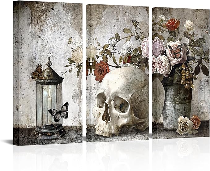 Biuteawal Large 3 Pieces Skull Canvas Wall Art Vintage Skull with Flowers Painting Wall Decor Halloween Day Poster Prints for Home Office Living Room Decor Ready to Hang - sugar skull canvas wall art