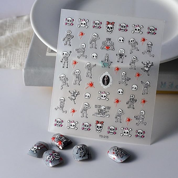 Halloween Nail Art Stickers 5D Embossed Skull Nail Stickers Blood Skeleton Nail Decals Self-Adhesive for Women Girls Manicure DIY Holiday Nail Supplies - sugar skull nail art