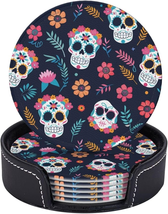 6 Pcs Sugar Skulls and Flower Leather Coasters for Drinks with Holder Round Mug Mat Table Desk Coasters Set Cup Coasters for Living Room Kitchen Coffee Decor - sugar skull coasters set