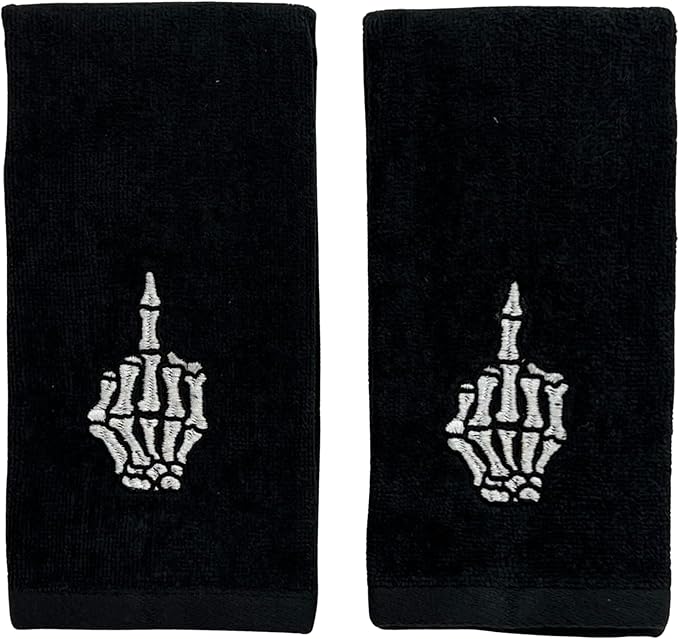 Serafina Home Halloween Hand Bath Towels, Embroidered Adult Humor Skeleton Hand with Raised Middle Finger, Black, 2-Pack, 12 x 18 inches - sugar skull beach towel