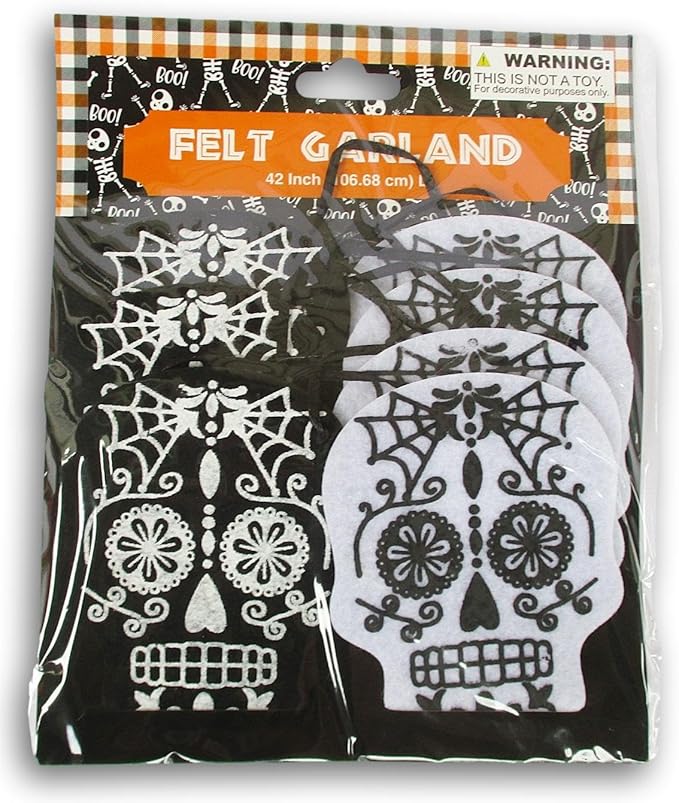 Sugar Skull Felt Garland for Día de Los Muertos, Halloween - 42 Inches (Black & White) - sugar skull christmas decorations