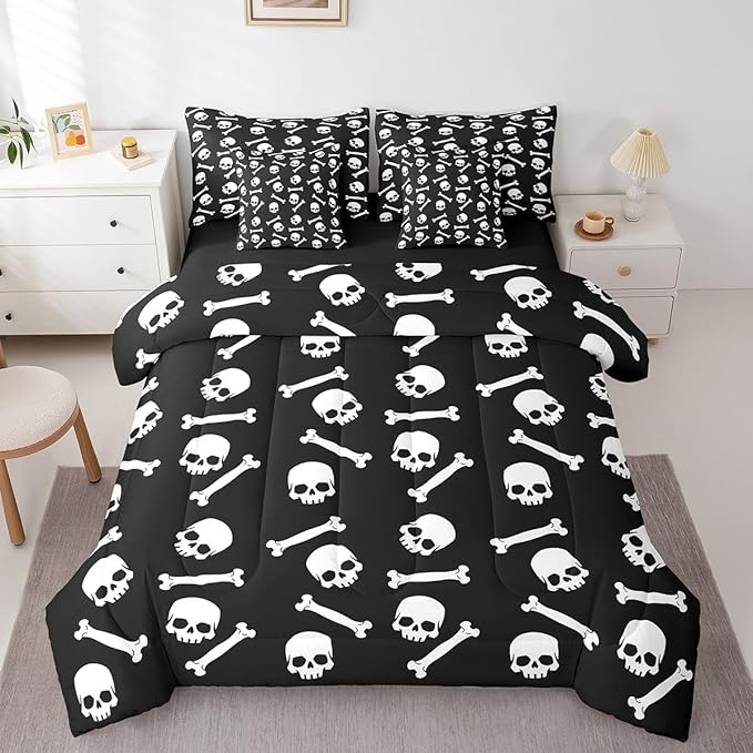 Erosebridal Sugar Skull 7 Piece Comforter Set Full,Gothic Skeleton Bones Bed in a Bag with Flat Sheet and Fitted Sheet for Kids Boys Girls,Halloween Horror Theme Bedding Set with Pillowcase and Sham - sugar skull throw pillow