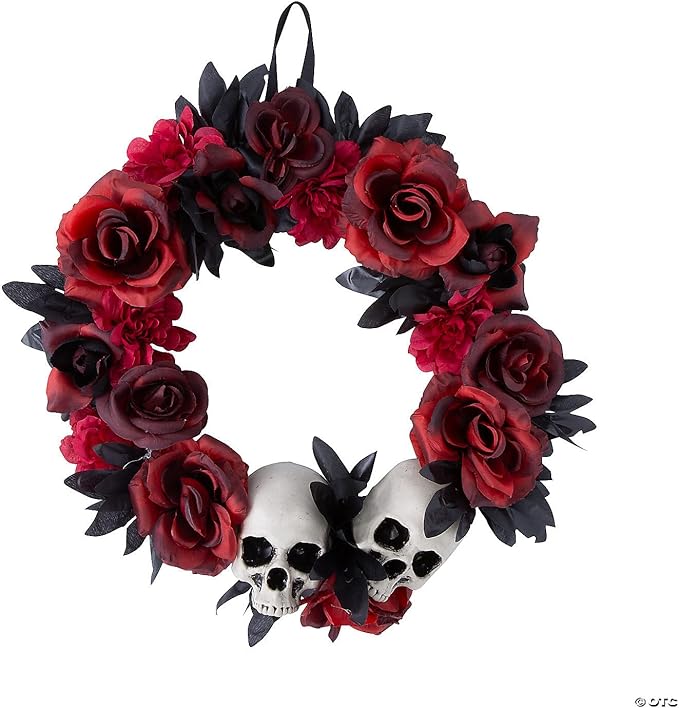Red & Black Flower Wreath with Skulls Halloween Decoration 16" x 3" - sugar skull wreath for front door