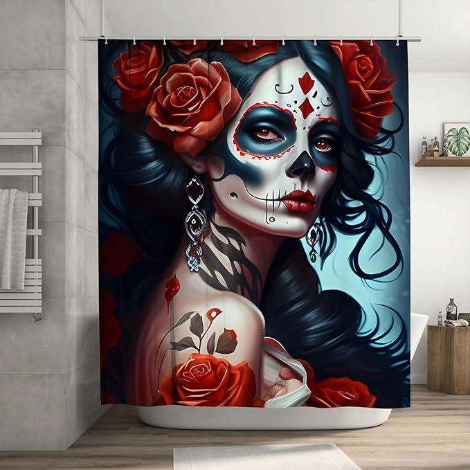 Day of The Dead Shower Curtains, Mexican Style Sugar Skull Girls Washable Waterproof Fabric for Bathroom Decor Bathtub with 12 Hooks 72x72 Inches - sugar skull shower curtain set