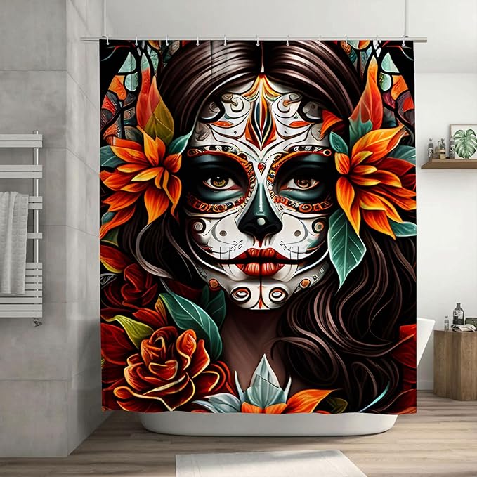Day of The Dead Shower Curtain, Abstract Modern Monochromatic Painting Print of Cool Sugar Skull Girl, Cloth Fabric Bathroom Decor Set with Hooks,72x72 Inches - sugar skull shower curtain set