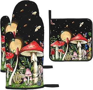 Cute Mushroom Oven Mitts and Pot Holders Sets of 3 Holiday Kitchen Decor Heat Resistant Witchy Hot Pads Oven Gloves for Cooking Grilling Baking - sugar skull oven mitts