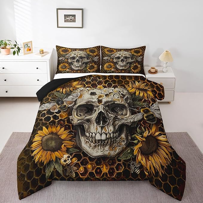 Sugar Skull Bedding Queen Size Gothic Style Comforter Set for Boys Girls Geometric Honeycomb Bedding Comforter Sets Teens Kids Boho Exotic Style Duvet Insert Yellow Sunflowers Halloween Decor Quilt - sugar skull bedding set