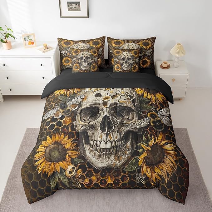 Sugar Skull Bedding Twin 7 Pcs Gothic Style Bed in a Bag for Boys Girls Geometric Honeycomb Bedding Set Comforter Teens Kids Boho Exotic Style Bed Set Yellow Sunflowers Halloween Decor Sheet Set - sugar skull bedding set