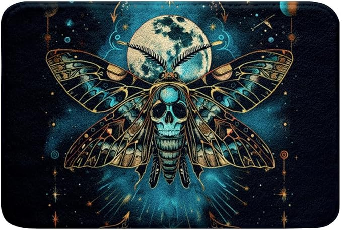 Erosebridal Death Moth Doormat for Boys Girls Boho Exotic Rugs Teens Kids Halloween Decor Gothic Style Area Rug Sugar Skull Print Bath Mat Happy Halloween Bathroom Rugs 16"x24" - sugar skull toilet mat set