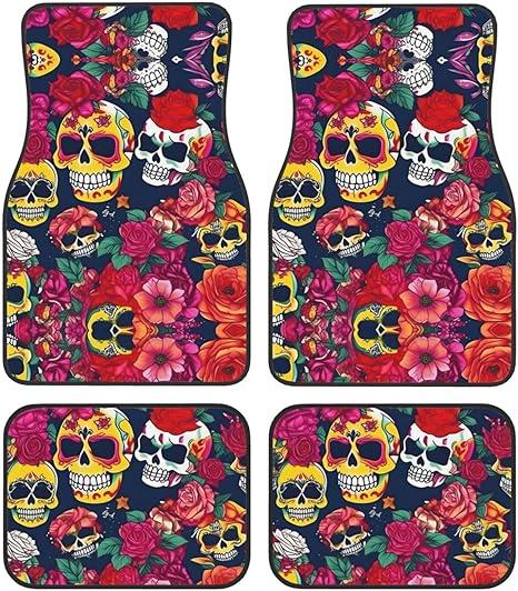Sugar and Skulls and Flowers Print Universal Car Mats 4 Piece Set,Car Floor Mats for SUV,All-Weather Auto Floor Mats for A Cleaner - sugar skull car floor mats