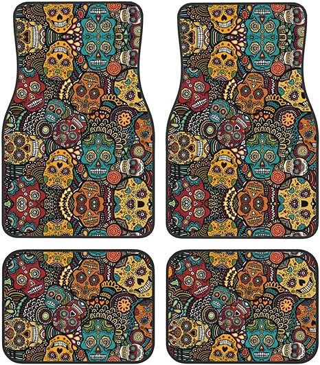 Sugar Skulls Print Print Car Mat Set,Unbeatable 4 Piece Black Car Mats,Universally Compatible with Suvs and Cars - sugar skull car floor mats