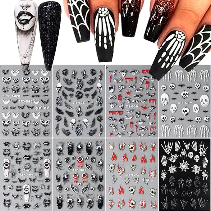 8 Sheets Halloween Nail Art Stickers - Goth Ghost, Skeleton Skull Spider Nail Decals - 3D, 5D Black Wing Nail Supplies - DIY French Manicure - sugar skull nail art