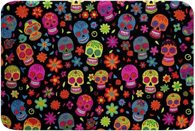 Erosebridal Colorful Sugar Skull Doormats Floor Mats Skeleton Death Skull Bath Mat, Spooky Groovy Flowers Bathroom Rugs for Men Women Kids Watercolor Floral Skull Non Slip Bath Rug 16"X24" - sugar skull floor mat