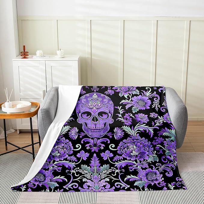 Erosebridal Sugar Skull Blanket 40X50,Halloween Spooky Skeleton Throw Blanket,Gothic Purple Floral Fleece Blanket,Halloween Horror Theme Fuzzy Blanket for Sofa Bed Couch - sugar skull throw blanket