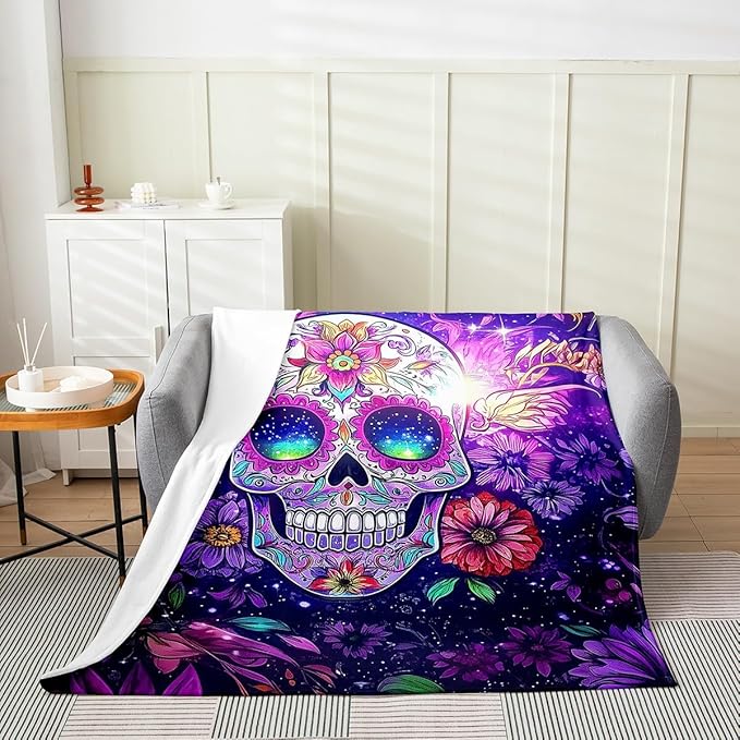 Erosebridal Sugar Skull Blanket Throw 50x60,Daisy Flower Floral Botanical Throw Blanket,Halloween Gothic Skeleton Bones Blossoms Flannel Fleece Blanket,Trippy Hippie Floral Skull Print Blanket,Purple - sugar skull throw blanket