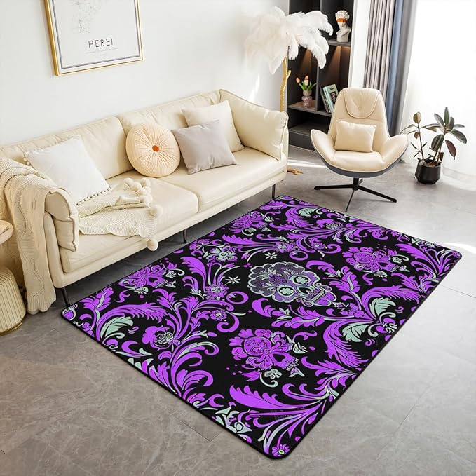 Erosebridal Sugar Skull Area Rug 5X7,Halloween Skeleton Carpet,Spooky Mandala Indoor Floor Mat,Adults Purple Damask Decorative Rug Gothic Floral Bedroom Decor - sugar skull area rug