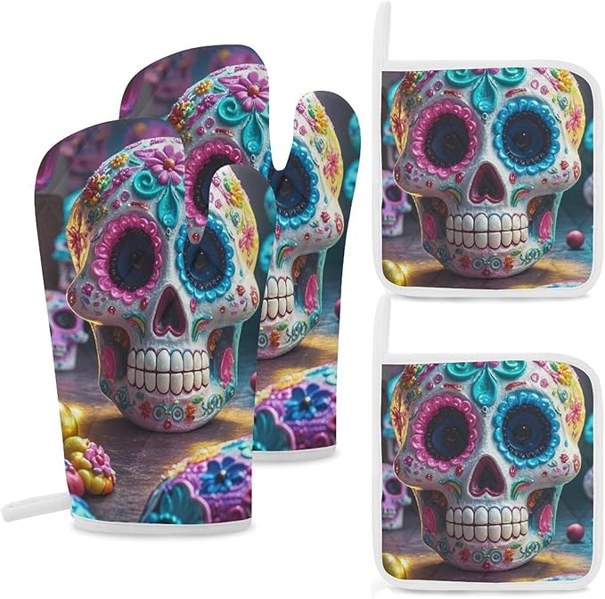 Oven Mitts and Pot Holders Sets of 4 Heat Resistant Oven Mitts with Hot Pads Sugar Skulls Oven Mitts Non-Slip Kitchen Oven Gloves Washable Potholders for Cooking BBQ Baking Grilling - sugar skull oven mitts