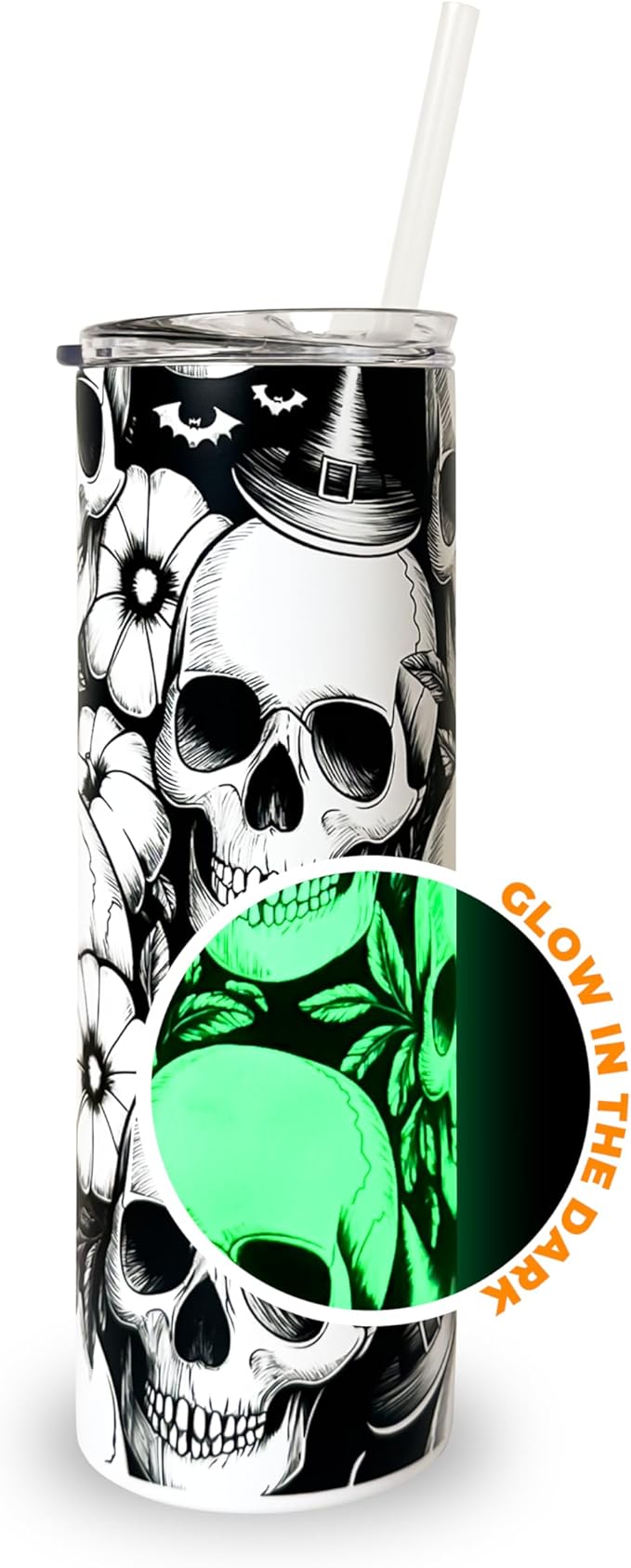 Hogg Glow in the Dark Halloween Travel Mug, Skull Tumbler, 20 oz Insulated Stainless Steel Halloween Coffee Tumbler, Spooky Cups for Adults, Festive Glow in the Dark Skull Coffee Cup - sugar skull tumbler with straw