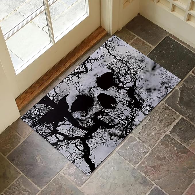 Gothic Skull Tree Indoor Door Mat for Entryway, 17x29.5 Inch, Dark Forest with Skull Floor Doormat for Home Decor, Non-Slip Rug Mat for Living Room, Kitchen, Bedroom, Gifts for Goth Lovers - sugar skull floor mat