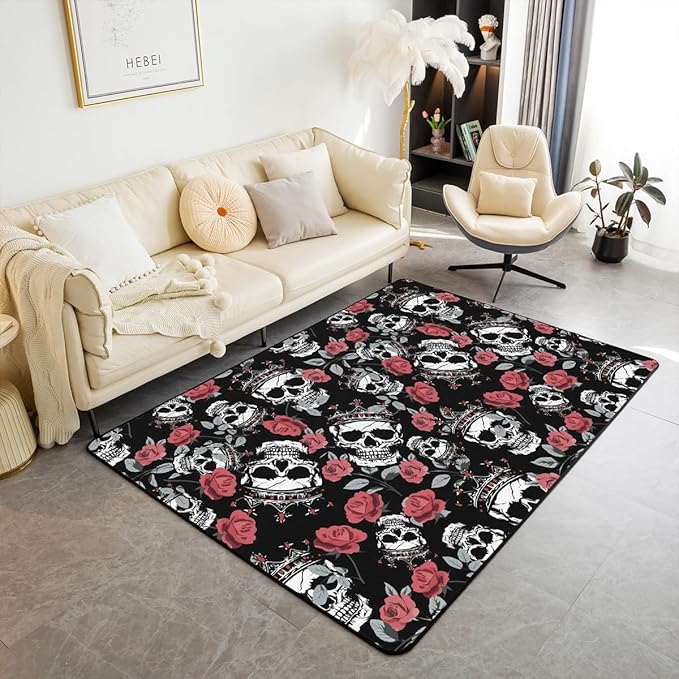 Erosebridal Sugar Skull Area Rug,Gothic Hippie Skeleton Non Slip Carpet,Red Rose Flower Floral Botanical Rectangular Indoor Floor Mat,Halloween Decor Queen Crown Decorative Rug for Dorm,Red Black,3X5 - sugar skull area rug