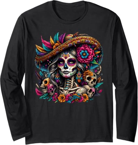De Los Muertos Halloween Day of The Dead Mat - sugar skull long sleeve shirt mens
