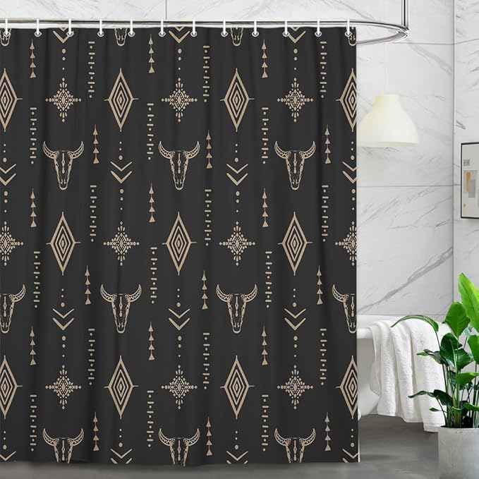 Boho Western Bull Skull Shower Curtain, Beige Southwestern Cow Bohemian Geometric Pattern Bathroom Shower Curtain Set, Native Aztec Longhorn Head Cowboy Bath Curtain with 12PCS Hook 70X70IN - sugar skull shower curtain set