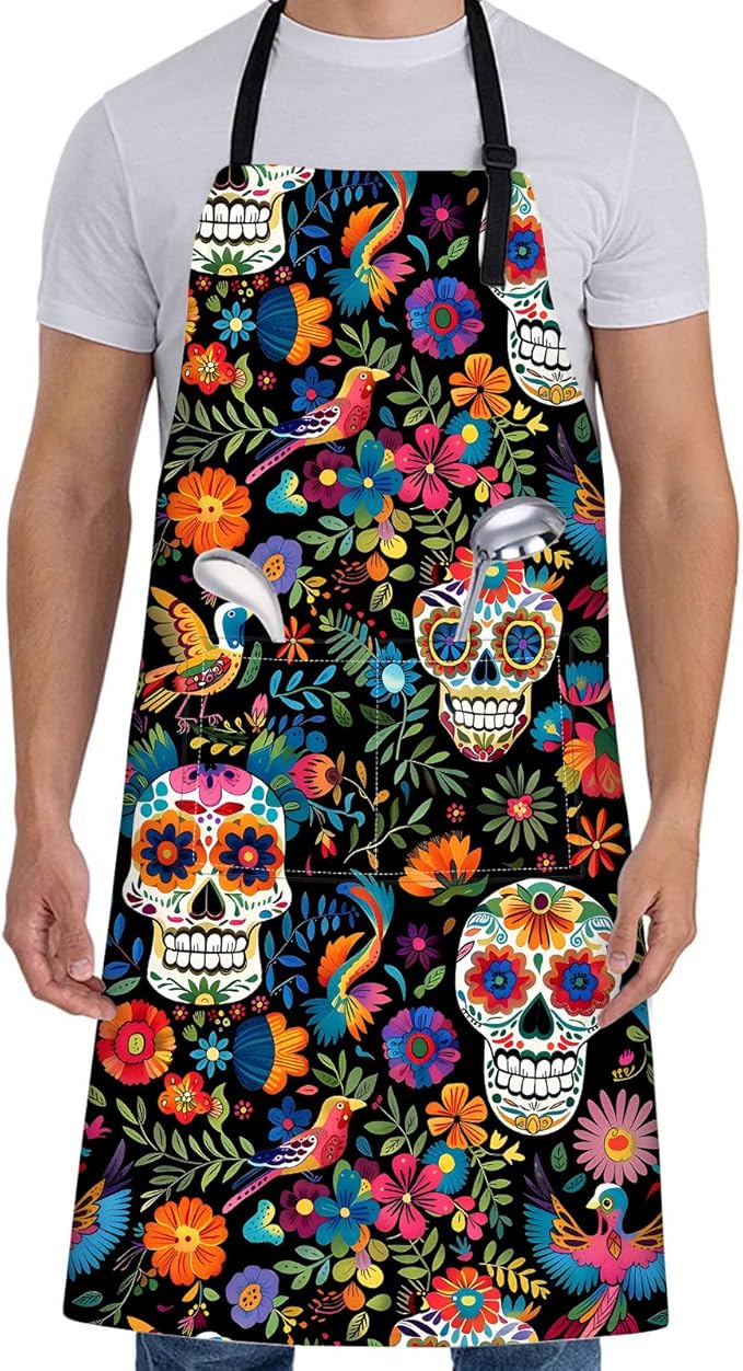 Gothic Apron for Women with Sugar Skull and Floral,28x33in,Goth Kitchen Aprons with 2 Pockets, Oxford Fabric,Halloween Adjustable Apron for Cooking Baking Gardening Chef,Gifts for Mom Wife - sugar skull apron for women