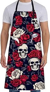 Gothic Skull Apron for Women with Rose,28x33in,Goth Kitchen Aprons with 2 Pockets, Oxford Fabric,Bold Halloween Adjustable Apron for Cooking Baking Gardening Chef,Gifts for Mom Wife - sugar skull apron for women