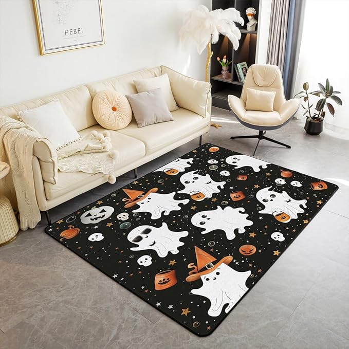 Erosebridal Kids Cute Ghost Indoor Floor Mat Halloween Kawaii Sketelon Decorative Rug Starry Sky Area Rug 5X7 Gothic Sugar Skull Carpet Halloween Decorations Living Room Rugs Bedroom Decor - sugar skull area rug