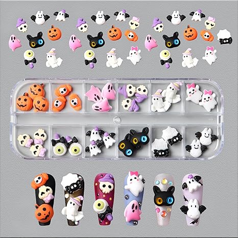 12 Grids Halloween Spider Nail Charms Resin Cute Pumpkin Ghost Nail Rhinestones Scary Cat Skull Design Nail Art Charms Acrylic Nail Art Accessories Halloween Nail DIY Decoration Women and Girls - sugar skull nail art