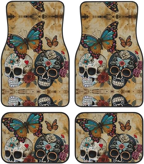 Sugar Skulls Butterfly Print Car Mat Set,Unbeatable 4 Piece Black Car Mats,Universally Compatible with Suvs and Cars - sugar skull car floor mats
