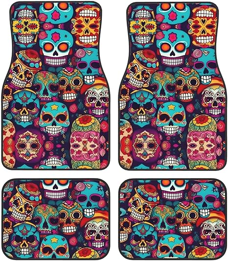 Sugar Skulls Print Universal Car Mats 4 Piece Set,Car Floor Mats for SUV,All-Weather Auto Floor Mats for A Cleaner - sugar skull car floor mats