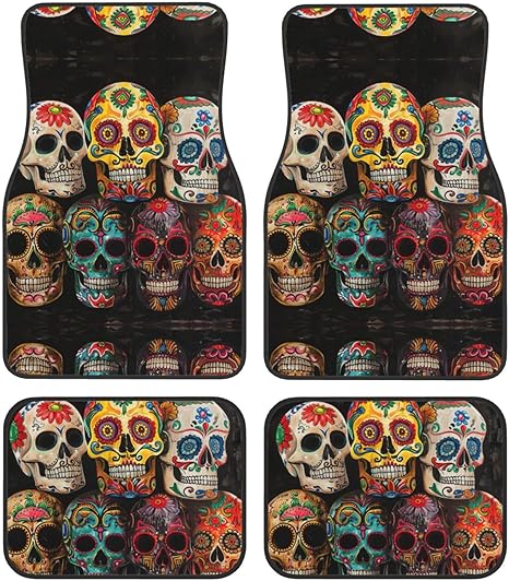 Sugar Skulls Print Car Mat Set,Unbeatable 4 Piece Black Car Mats,Universally Compatible with Suvs and Cars - sugar skull car floor mats