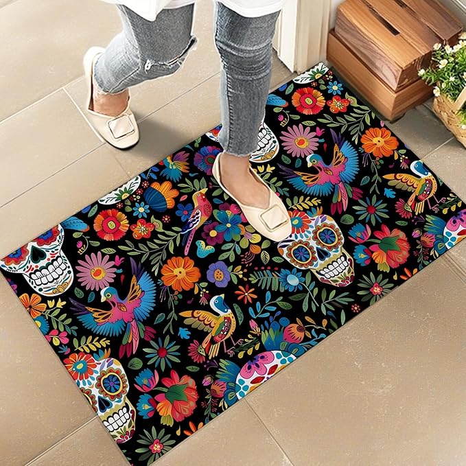 Day of The Dead Sugar Skull Indoor Door Mat – Stylish 17x29.5in Non-Woven Fabric Floor Doormat with Floral Skull Design, for Porch Insider,Bedroom,Living Room – Halloween Decor Rug Gifts - sugar skull car floor mats
