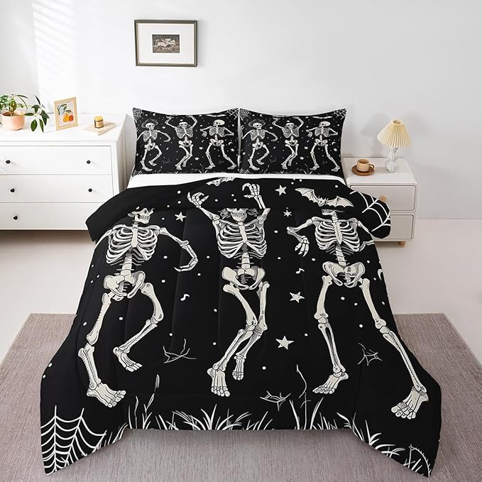 Erosebridal Sugar Skull Bedding Set Toddler, Skeleton Bones Comforter Set for Kids Boys Girls Teens Adult, Halloween Horror Bat Duvet Insert Gothic Spooky Starry Sky Down Comforter, Black White - sugar skull bedding set