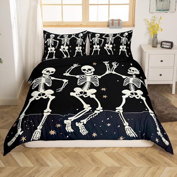 Erosebridal Sugar Skull Bedding Set Full, Skeleton Bones Comforter Cover for Kids Boys Girls Teens Adult, Halloween Horror Theme Duvet Cover Gothic Spooky Starry Sky Bedspread Cover, Black White - sugar skull bedding set