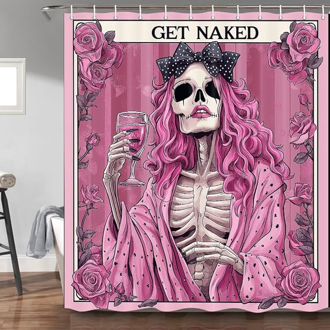 Funny Skull Skeleton Shower Curtain Pink Halloween Gothic Red Rose Floral Red Wine Girl Horror Scary Bathroom Shower Curtain with Polyester Hooks 71X71 inch - sugar skull shower curtain set