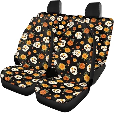AFPANQZ Skull Floral Print Car Seat Covers Universal Rear Split Bench Seat Covers & Front Bucket Seat Protection Bench Back Seat Covers Fits for Most Car SUV Sedan Truck for Men Women - sugar skull car pet seat cover