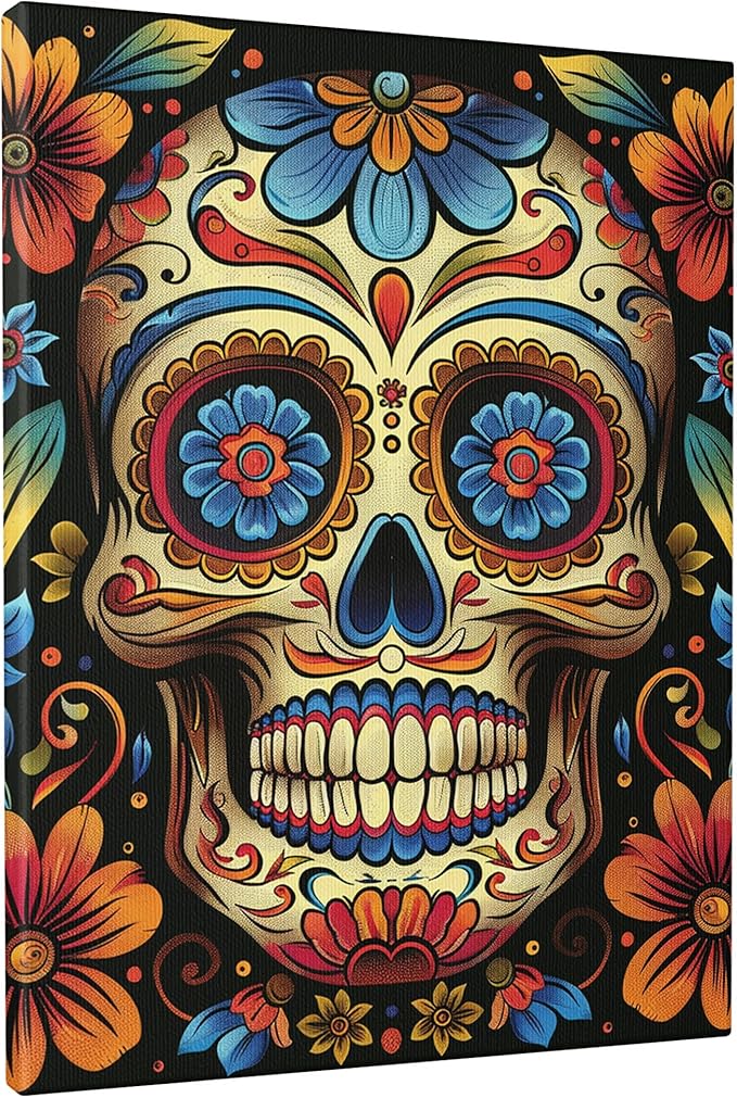 Colorful Sugar Skull Wall Art, Vibrant Floral Canvas Decor, Day of the Dead Aesthetic Poster for Living Room, Bedroom, Party, Unframed 12x16 Inch - sugar skull canvas wall art