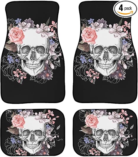 Sugar Rose Skull Pattern Car Floor Mats Custom Pink Floral Sugar Skeleton Gothic Skull Flower Design Floor Mats for Cars Universal Front Rear Car Rugs Auto Car Accessories for Car Truck - sugar skull car floor mats