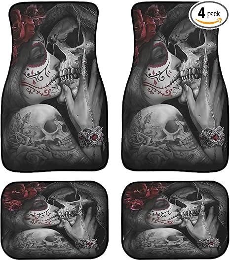 Love Sugar Skulls Car Floor Mats Custom Sugar Skeleton Lovers Girl with Rose Gothic Skull Flower Design Floor Mats for Cars Universal Front Rear Car Rugs Auto Car Accessories for Car Truck - sugar skull car floor mats