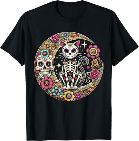 Day of Dead Sugar Cat Skeleton Skull tee for all - sugar skull t-shirt womens