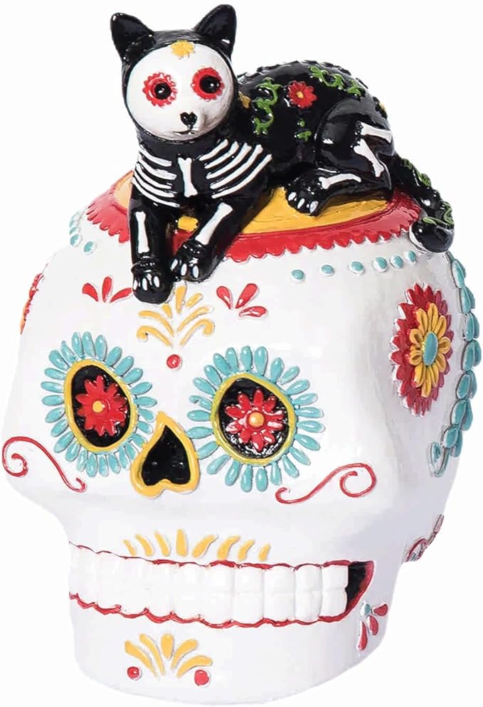 GALLERIE II Laying Down Festive Feline Cat Sugar Skull Decorative Figure Figurine Day of The Dead Dia De Los Muertos Halloween Spooky Scary Table Tabletop End Table Fireplace Mantle Decor Decoration - sugar skull christmas ornament