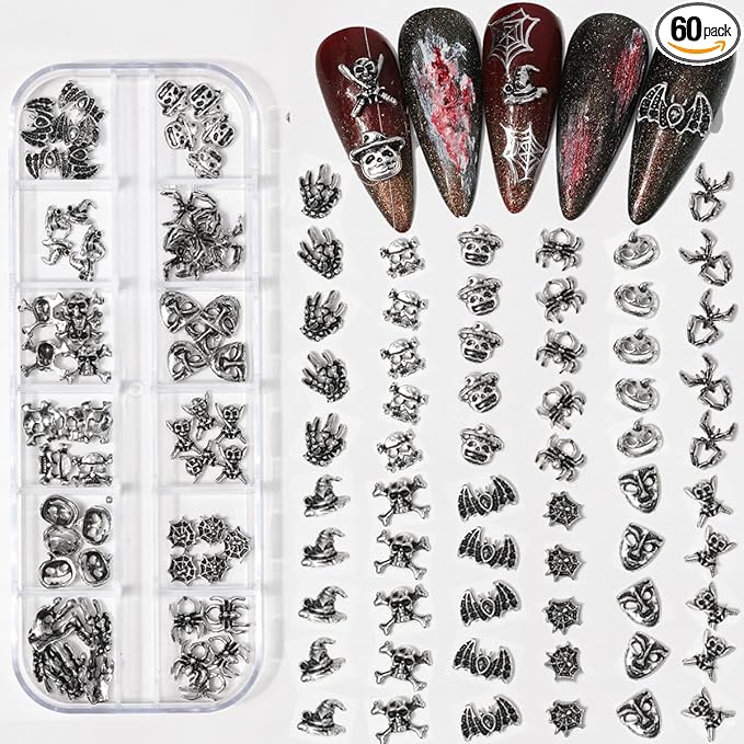 Silver Skull Punk Nail Charms - 60Pcs Halloween Charms for Nails Jewelry Making DIY Supplies - sugar skull nail art