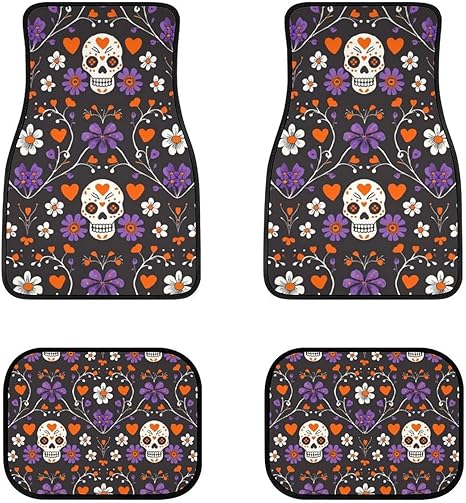 Delerain Sugar Skulls and Flowers 4-Piece Car Floor Mats Front and Rear Rubber Backing Carpet, Auto Foot Mats All Weather Universal Fit Car Decor Accessories Fit for SUV, Vans, Sedans, Trucks - sugar skull car floor mats