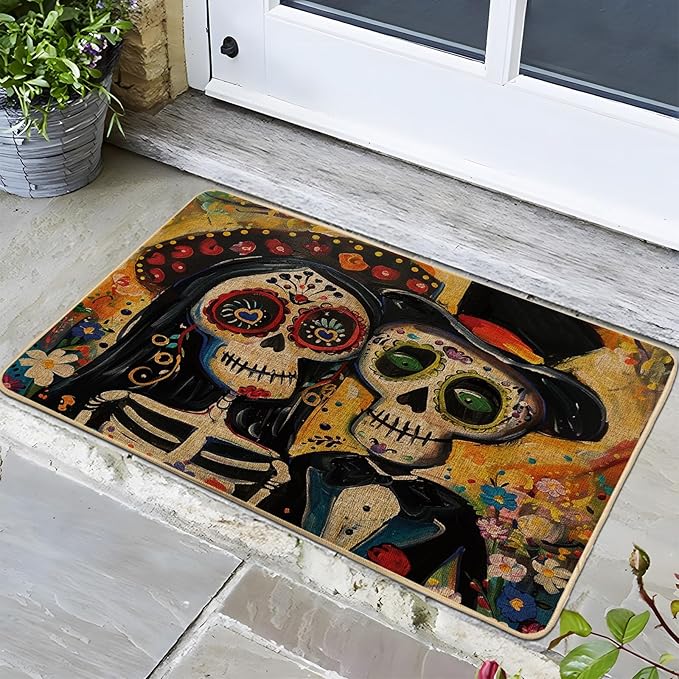 Day of The Dead Inspired Doormat, Colorful Sugar Skull Door Mat for Indoor & Outdoor Halloween Decor, Non-Slip Waterproof Floor Mat, Easy to Clean 29x17 Inch - sugar skull area rug